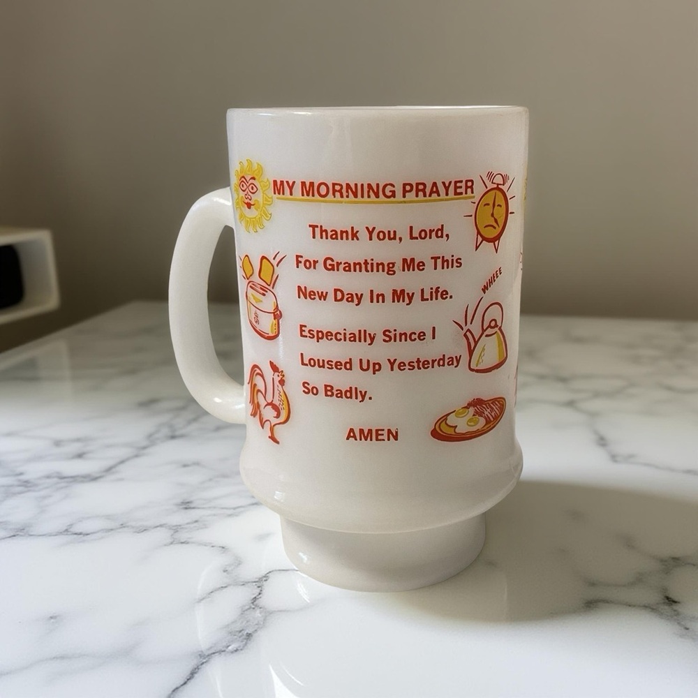 ☕ Vintage Milk Glass Mug – "My Morning Prayer" ♥️ Super Cute Retro Kitchenware